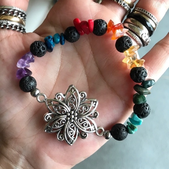 Genuine gemstones big silver lotus flower bracelet - Picture 3 of 9